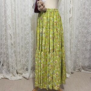 Vintage Teacher Letter Alphabet Maxi Skirt Green Tiered 90s Eclectic Retro